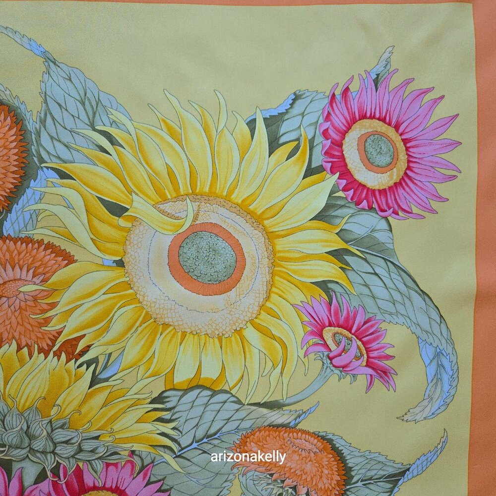 Large Silk Twill Scarf Hand-Rolled Sunflowers Floral Orange Yellow - Picture 7 of 12